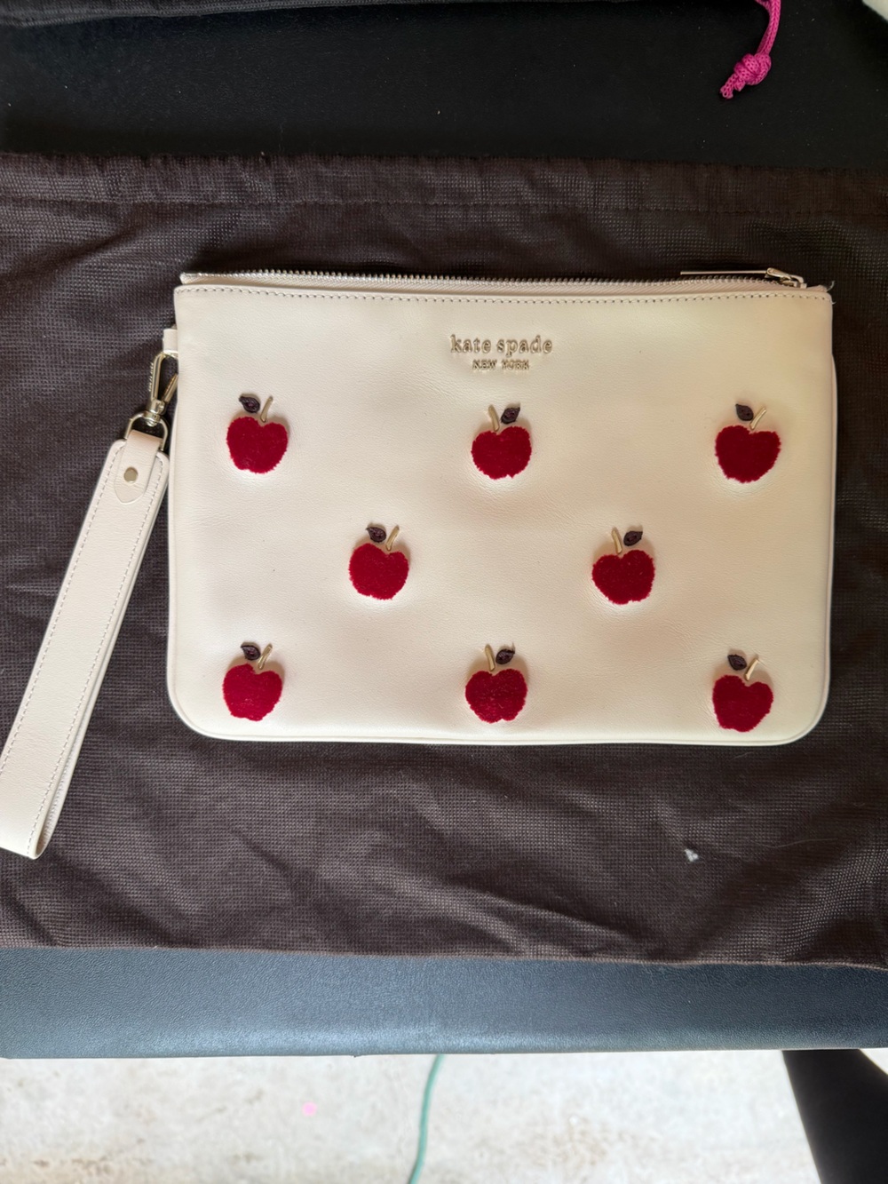 kate spade White Wristlet Clutch with Red Apple Appliqués